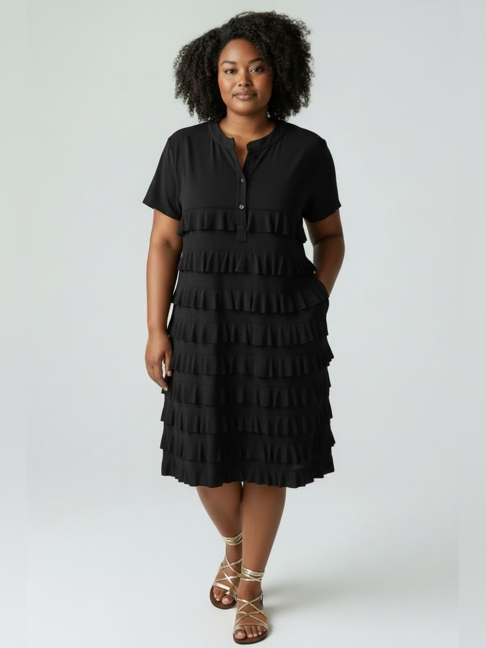 Joseph Ribkoff Tiered Ruffle Short Sleeve Black Dress, size 14